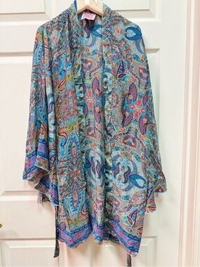 Mods Mahal Silk Paisley Print Kimono Robe in Teal & Coral